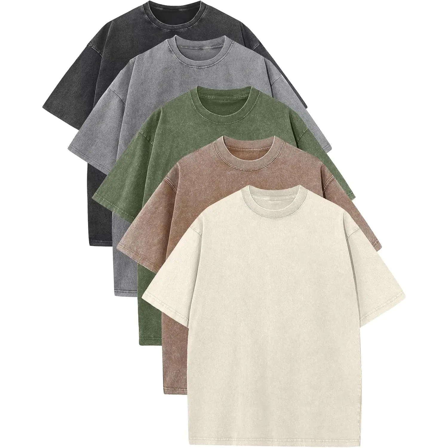 Men's Plain Cotton T-Shirts, 1/5 Bulk Pack of Heavyweight Vintage Short Sleeve Casual Round Neck Tees, Breathable Basic Tops in Mix Colors