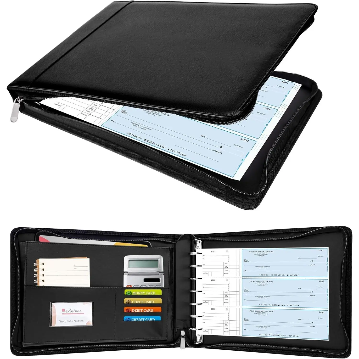 Zippered 7 Ring Business Checkbook Binder Portfolio for 3-on-a-Page Business Checks, 600 Checks Capacity, PU Leather Check Book Binder Cover for 9x13 Sheets, Built-in Storage Organizer, Black