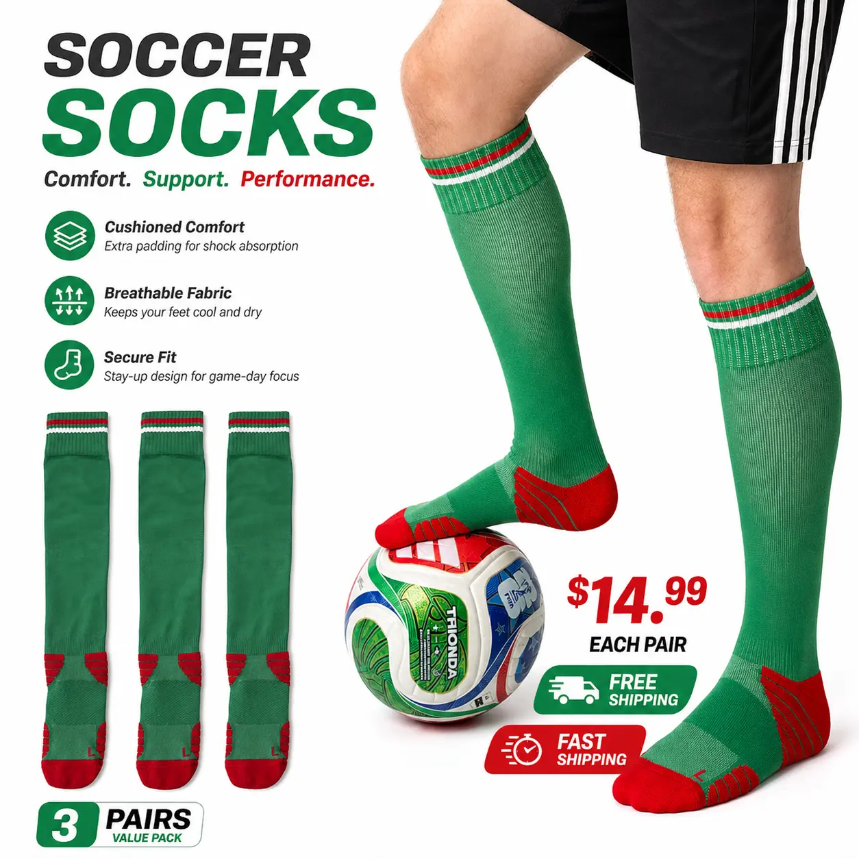 JUPICHUBI 3 Pairs Pack Athletic Soccer Socks Over-Calf Tube Design| Men & Women Sports Socks with Cushioned Terry Sole, Anti-Slip Traction, Zoned Breathable Mesh and Seamless Flat Toe for Football Training