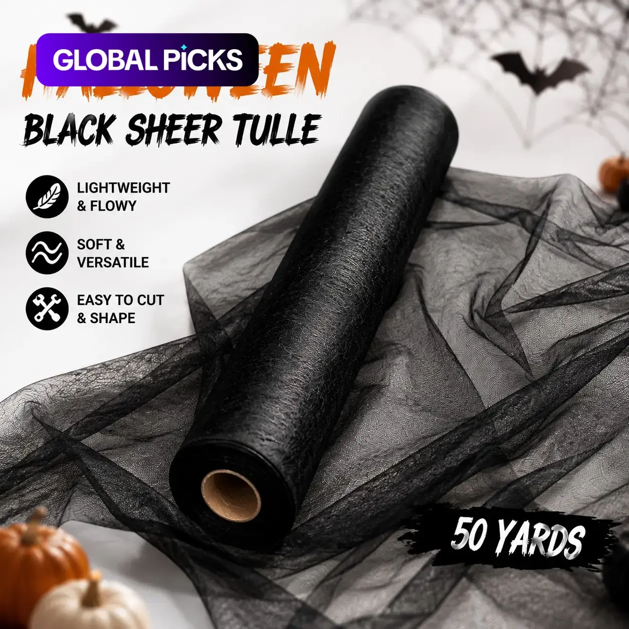 Halloween Black Tulle Fabric Polyester Roll 50 Yards Easily Cut Lightweight Sheer Mesh Fabric for Party Decoration, DIY Crafts, Spider Web Decor #GLOBAL PICKS