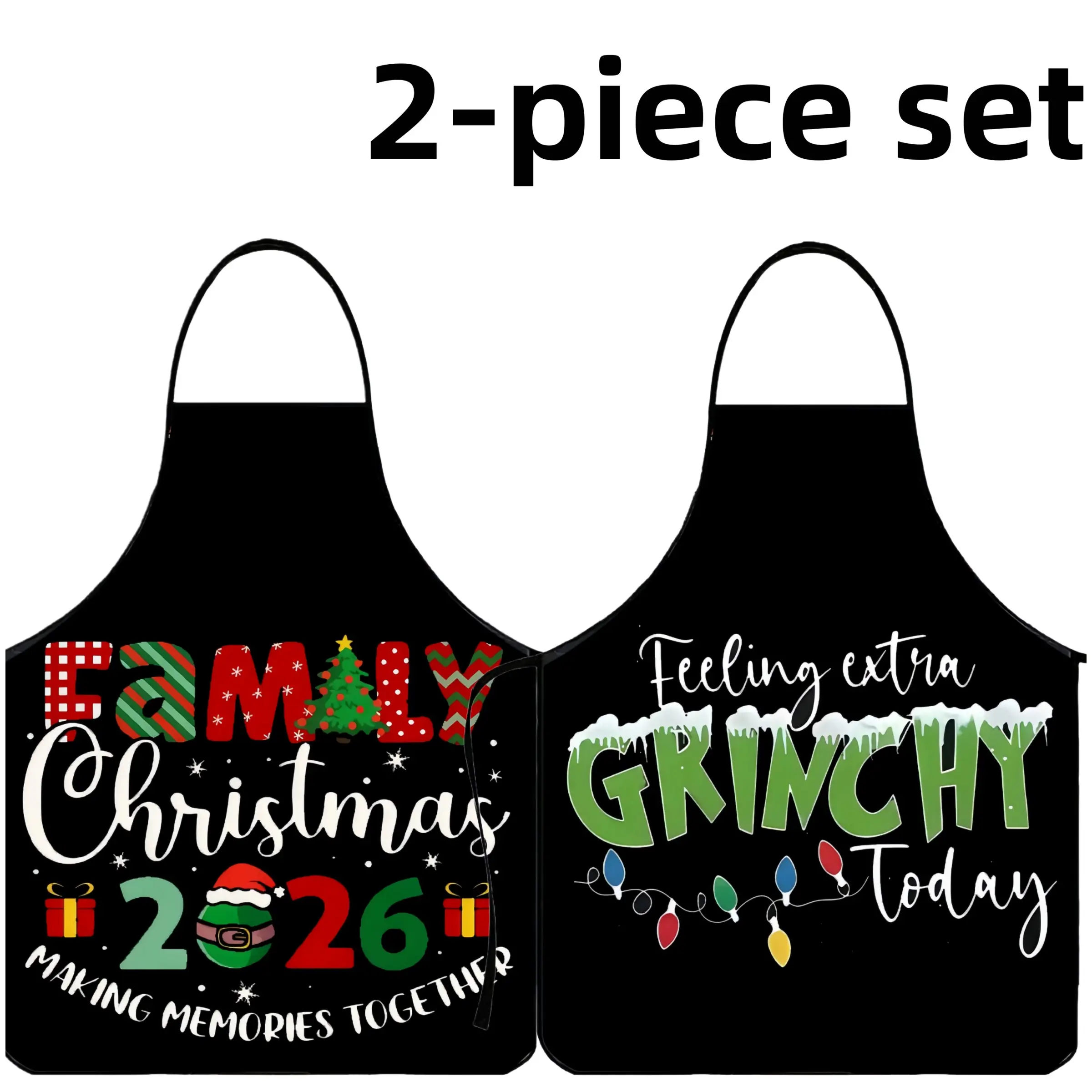 Grinchy Family 2026 Print Apron Set,2-Piece Set Cool Polyester Kitchen Apron for Cooking,Christmas Gift, Jesus,Summer Apron for Women,Nails Design Tool,Garden Tool, Kitchen Essential,Cleaning Tool