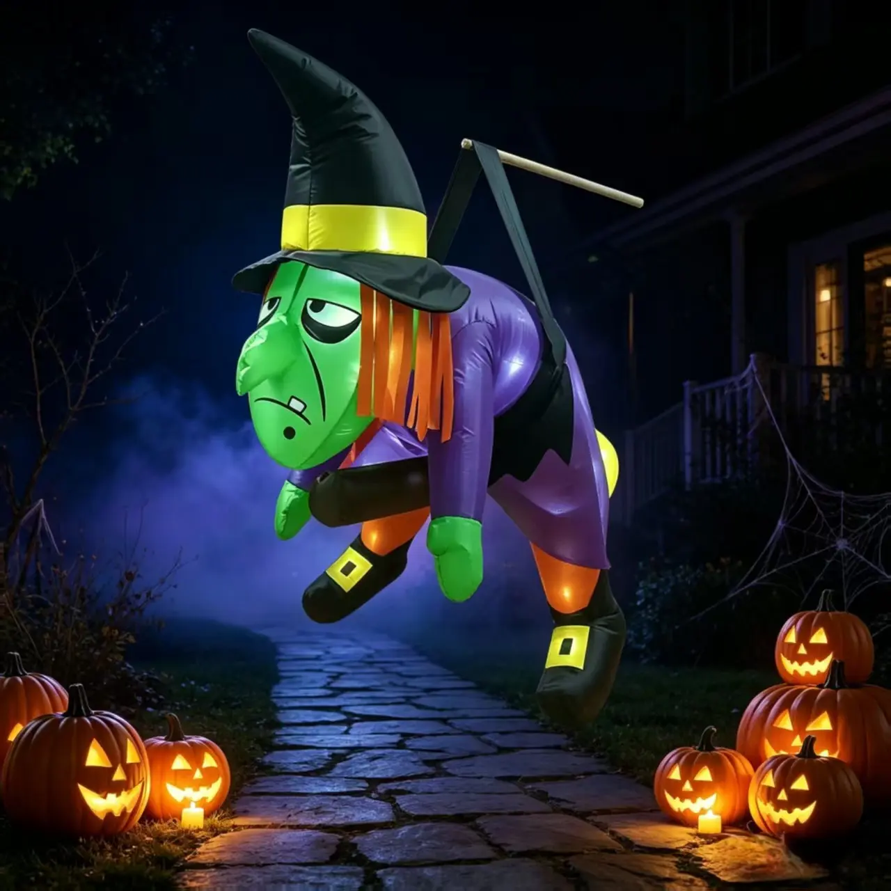 Us Plug LED  Light Inflatable Witch Hanging Balloon, Halloween Outdoor House Eave Window Hang Night Glow Witch Ghost Garden Party Atmosphere Decorations