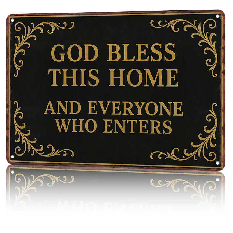 "God Bless This Home and Everyone Who Enters" Gold Faith Typography With Ornate Flourishes On Black Aluminum Metal Sign, 8x12 Inch, Waterproof & Rust-Free, funkyroom decor, vintage metal art, gift, home decor wall art
