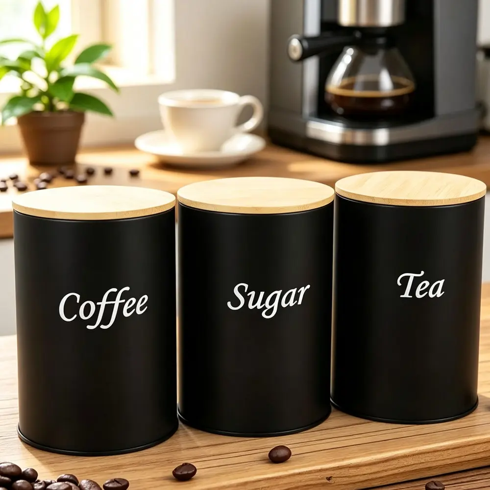 3pcs Metal Round Dust-Proof Storage Jars, Stainless Steel Body, Letter Print Design, Reusable for Tea, Coffee, Sugar, Kitchen, Office, Multi-Purpose