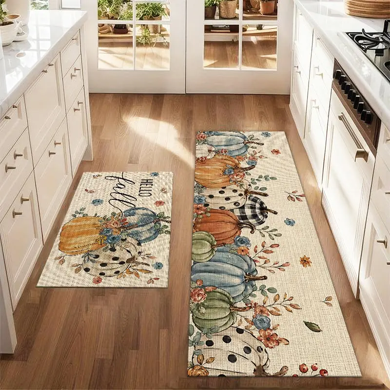 2 Pcs Autumn Pumpkin & Maple Leaf Indoor Floor Mat Set, Cottage Decorative Rug for Kitchen, Restaurant & Laundry Room, Fall Kitchen Rugs