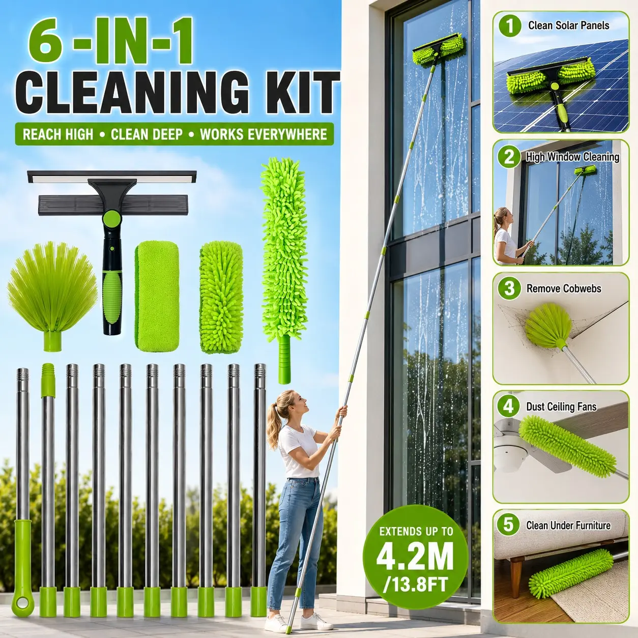 6-in-1 Window Cleaning Kit with 13.8FT Extension Pole, Glass Squeegee, Chenille Duster & Cobweb Brush, Long Reach Cleaning Tool for Solar Panels, High Windows, Ceiling Fans & Under Furniture
