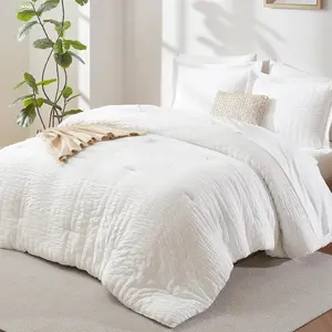 Queen Comforter Set White, 7 Pieces Seersucker Textured Luxury Bed in a Bag Queen, All Seasons Soft Bedding Sets with Down Alternative Comforter, Sheets, Pillowcases & Shams, Home Gift