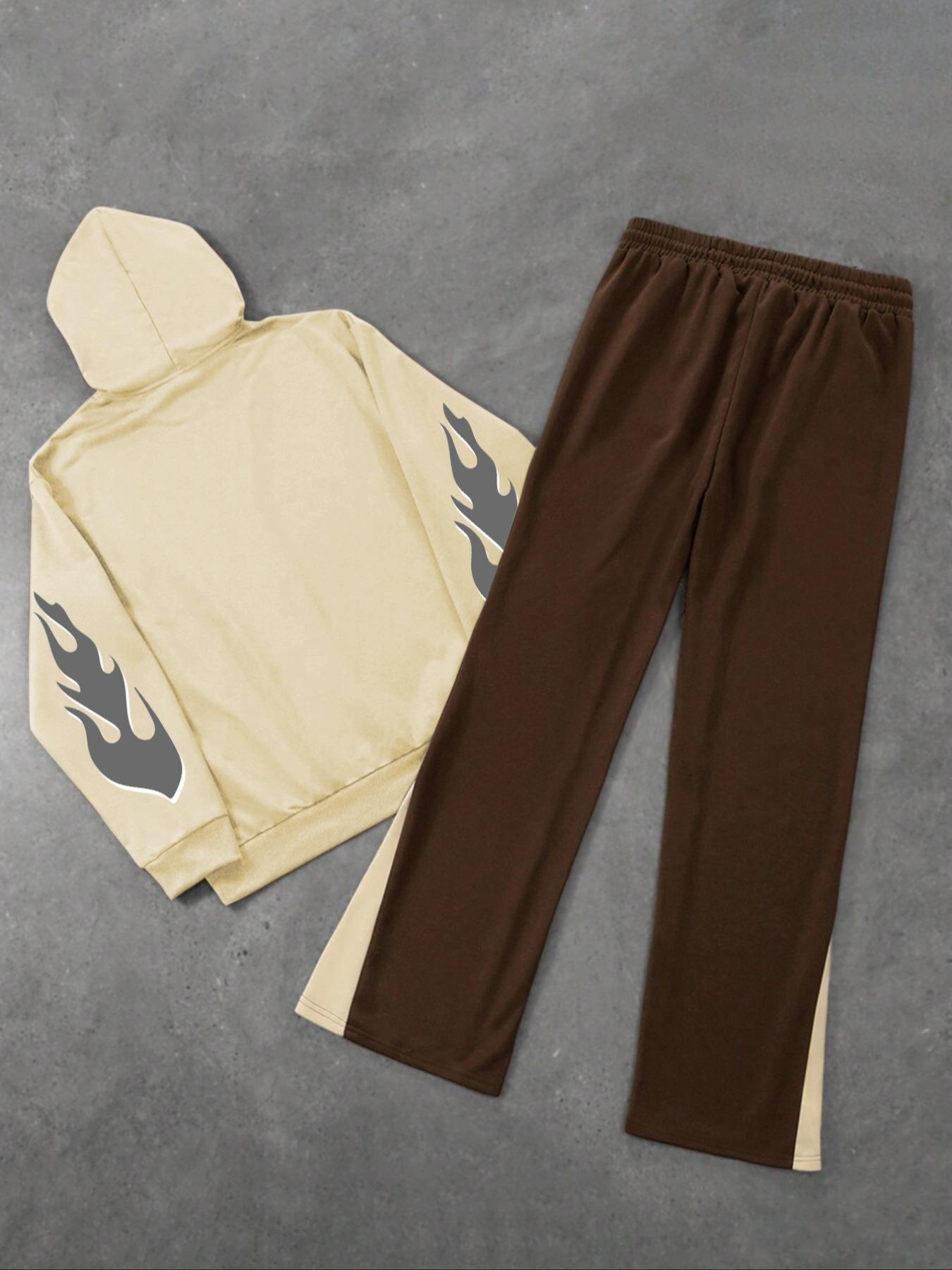 Two-piece Set Men's Fire and  Letter Print Drop Shoulder Hoodie & Elastic Waist Sweatpants, Regular Fit Casual Fashion Cozy Breathable Two Piece Outfits for Daily Workout Running, Men's Clothes for Fall & Winter