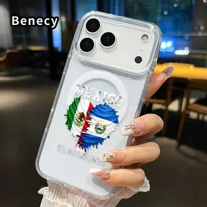 Phone Case Compatible With iPhone 17 16  Pro Max Plus 15 14 13 12 11 Air E Mexico - El Salvador Heart Pattern Shockproof Non-Yellowing Crystal Transparent Acrylic Large Hole Soft Case Supports Wireless Charging