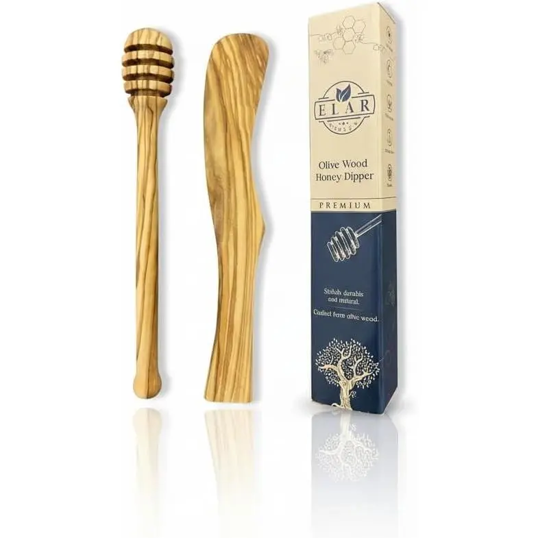 Handcrafted Olive Wood Breakfast Set: Honey Dipper and Butter Spreader Duo Authentic Wooden Kitchen Utensils - Durable & Unique Grain, 2-Piece Gift Set