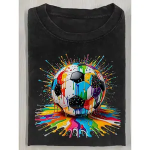 Colorful Paint Splash Soccer Ball Graphic Tee | Men'S Relaxed Short-Sleeve Tee 100% Cotton Oversized Breathable Crew Neck Funny Humor Casual Streetwear Soccer Football Fan T-Shirt