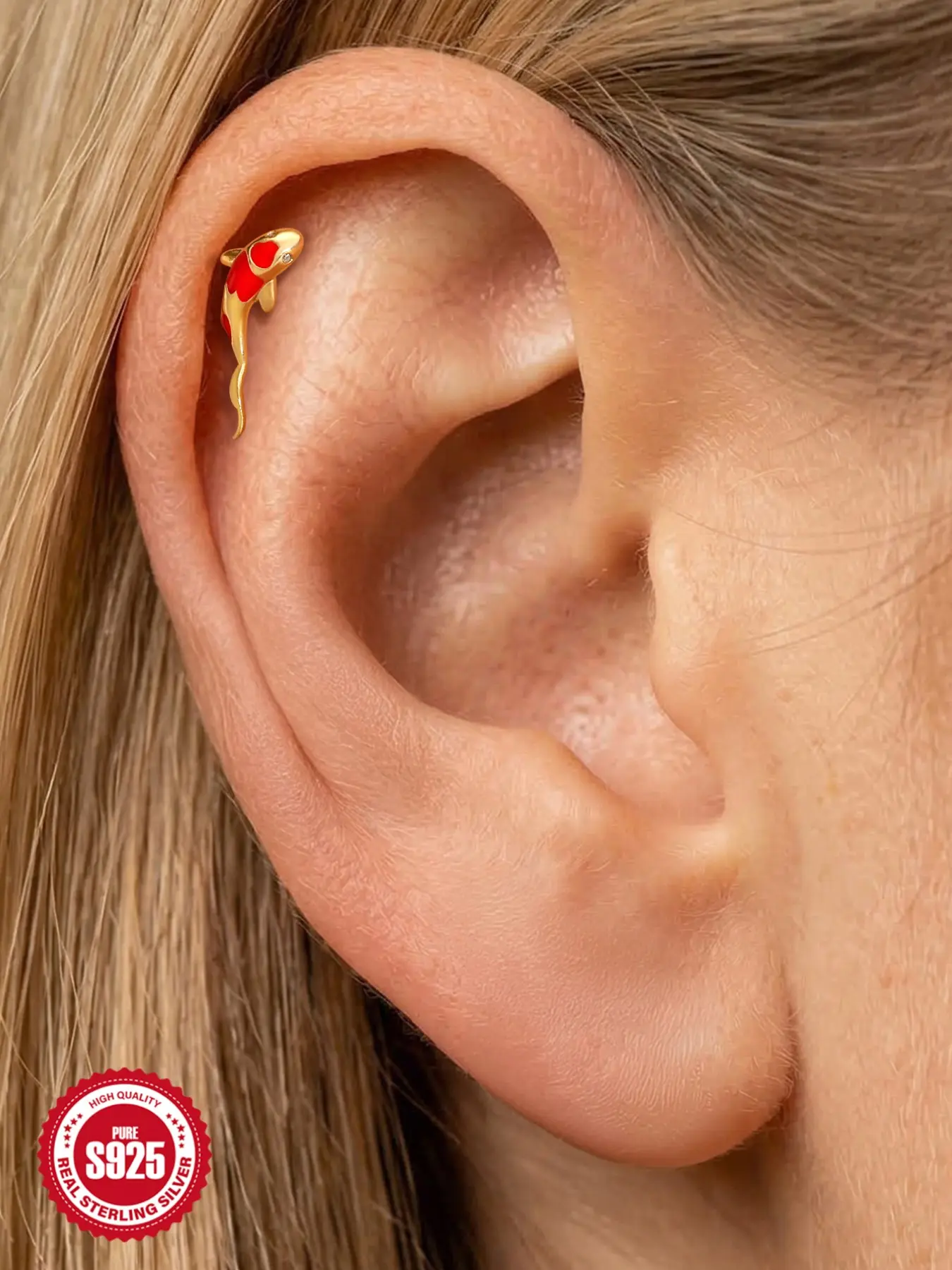 1Pc Waterproof S925 Sterling Silver Gold Plated Flat Back Stud Earring, Ear Studs, Non-Tarnish Hypoallergenic Y2K Bling Rhinestone Accessories, Tarnish Free Red Enamel Lucky Koi Fish Cartilage Tragus Piercing Stud Single Jewelry Trendy Gift for Her Women