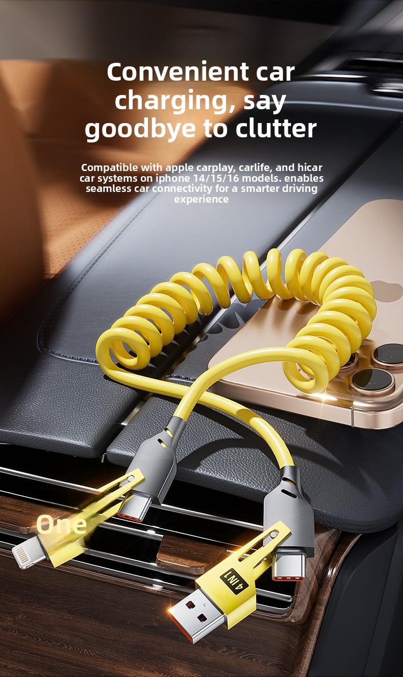 Super fast charging spring cable, 1.5m retractable 100W four-in-one data cable, car charging cable
