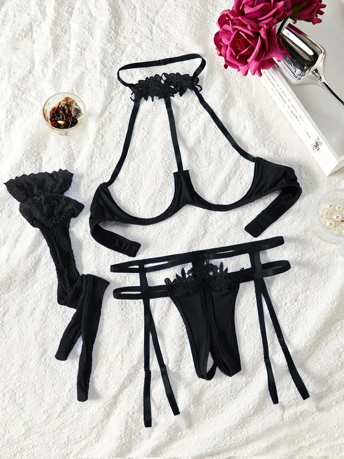 Women's sexy hollow sheer lingerie set, crotchless easy take-off underwire thong, ideal for private parties altgirl sexy rave outfit