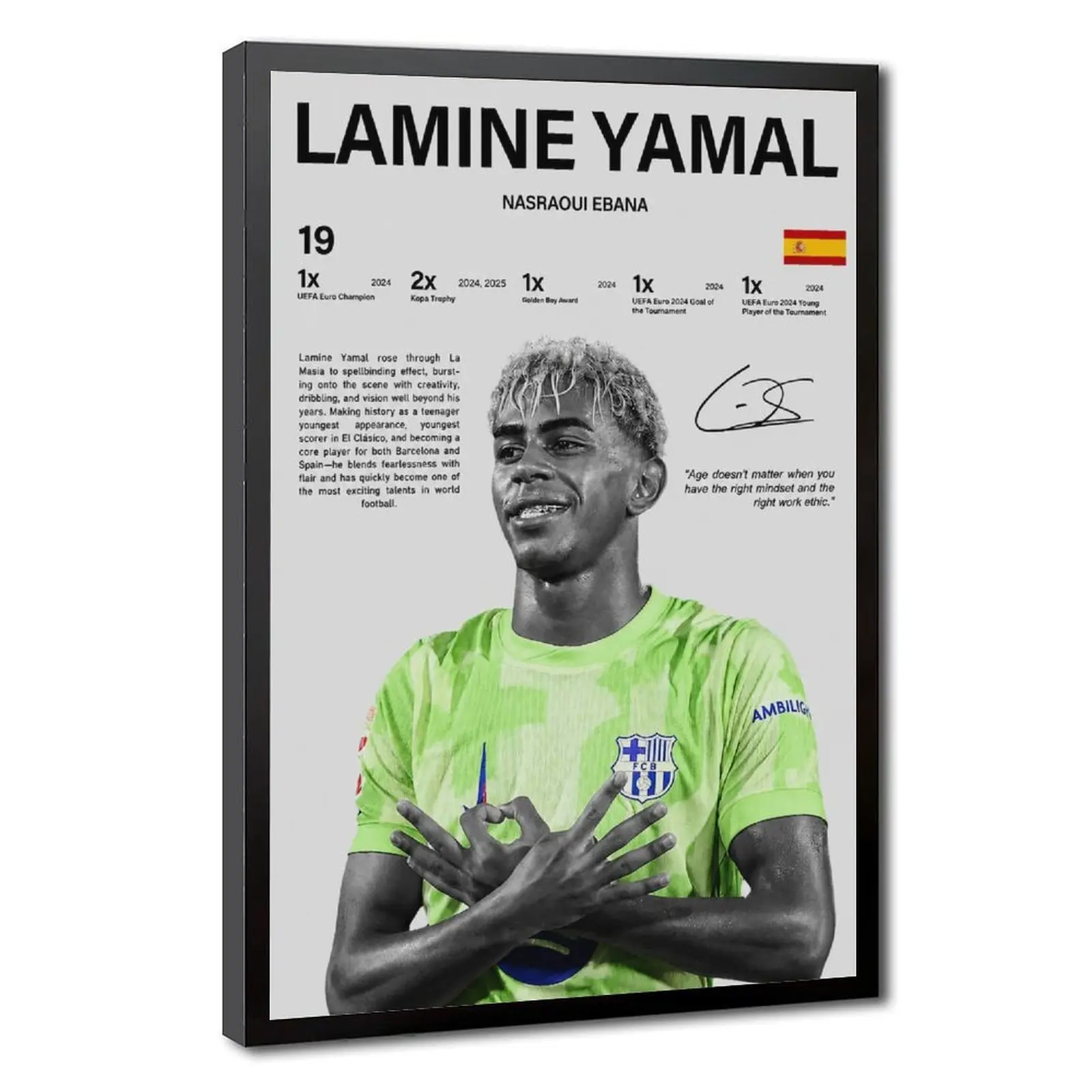 Lamine Yamal Talented Soccer Player Wall Print, Milestone Stats Bottom Signature & Inspirational Quote Poster, Minimalist Soccer Sports Art for Urban Modern Apartment Wall Decor