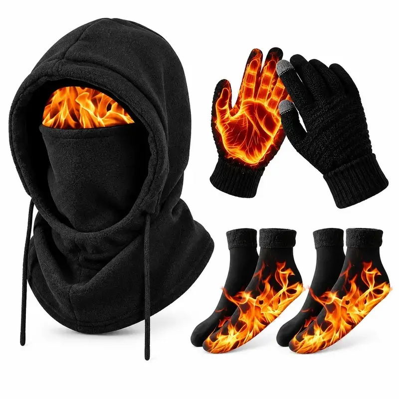 3/4-Piece Winter Warm Gear Set for Men & Women, Full-Face Hooded Balaclava, Thermal Gloves & Warm Socks for Skiing, Cycling, Snowboarding & Outdoor Activities
