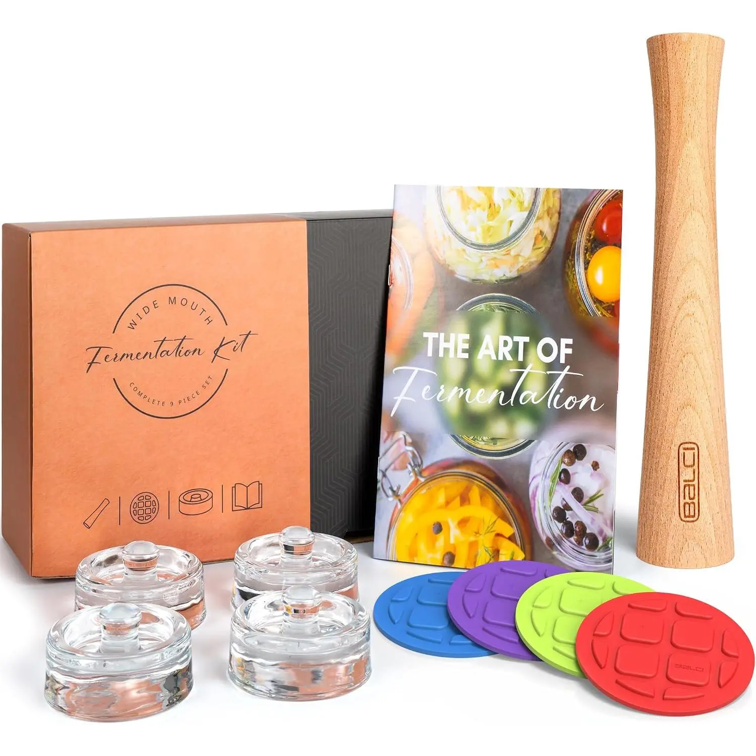 Complete Mason Jar Fermentation Kit – 9 count Starter Set with Fermentation , Glass Weights, Wooden Tamper & Recipe Book – Wide Mouth Fermenter for Sauerkraut, Kimchi, Pickles & Probiotics