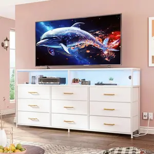 [Multi-compartment drawer]Raybee Furniture 55 Inch Wide Dresser for Bedroom, with Power Outlet and LED Lights, Modern Fabric Storage Orgaizer Unit, 65 Inch TV Stand for Bedroom with 7-12 Fabric Drawers, Sturdy Dressers for Living Room, Easy to assemble