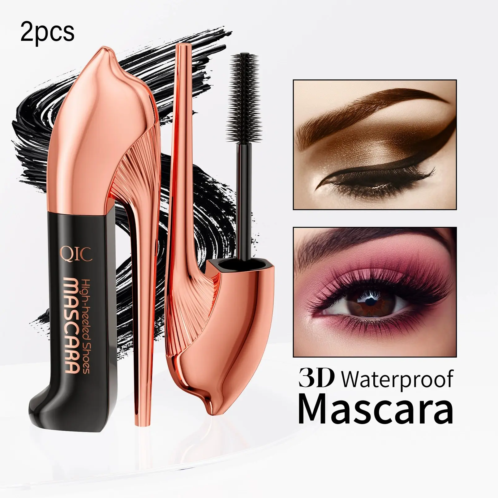 High Heel Mascara 2-Piece Set, Volumizing Waterproof Long-Lasting, Silicone Brush, Perfect for Daily Wear, Events, Photography, Wedding Makeup