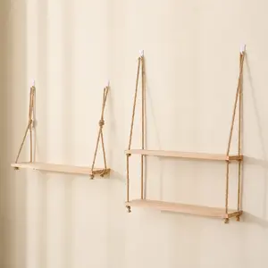 Wall-Mounted Floating Shelf with Rope, Wall Shelf Unit, Rustic Wooden Dual-Layer Wall Storage Rack, Perfect for Bathroom & Bedroom, Boho, Wall Mounted Organizer