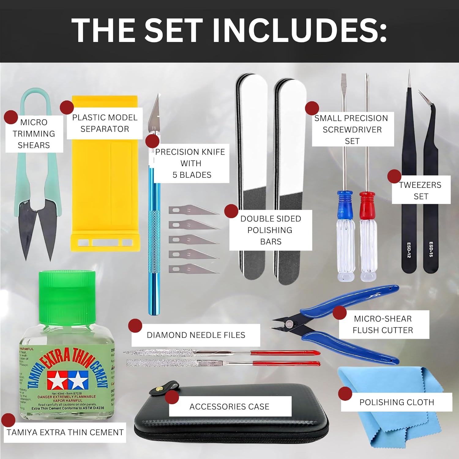 Tamiya Extra Thin Cement with Fine Tip Applicator and Pixiss Gundam Model Toolkit - 4 Oz Plastic Model Glue for Miniatures, Miniature Tool Kit Including Mini Tweezers, Pliers, Nippers Tamiya Extra Thin Cement with Fine Tip Applicator and Pixiss Gundam Model Toolkit - 4 Oz Plastic Model Glue for Miniatures, Miniature Tool Kit Including Mini Tweezers, Pliers, Nippers