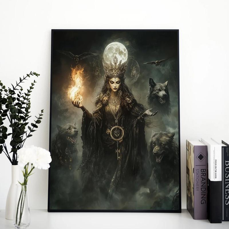 Goddess Hecate Fine Art Print,  Witchcraft Vintage Oil Painting, Frameless Gothic Fantasy Wall Art with Hellhound & Raven, Home Decor Canvas Painting Ornaments Decoration