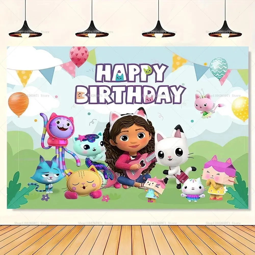 Cartoon Gabby Dollhouse Theme Backdrop Girls Birthday Party Decor Baby Shower Supplies Pink Cat Photo Banner Photography Props