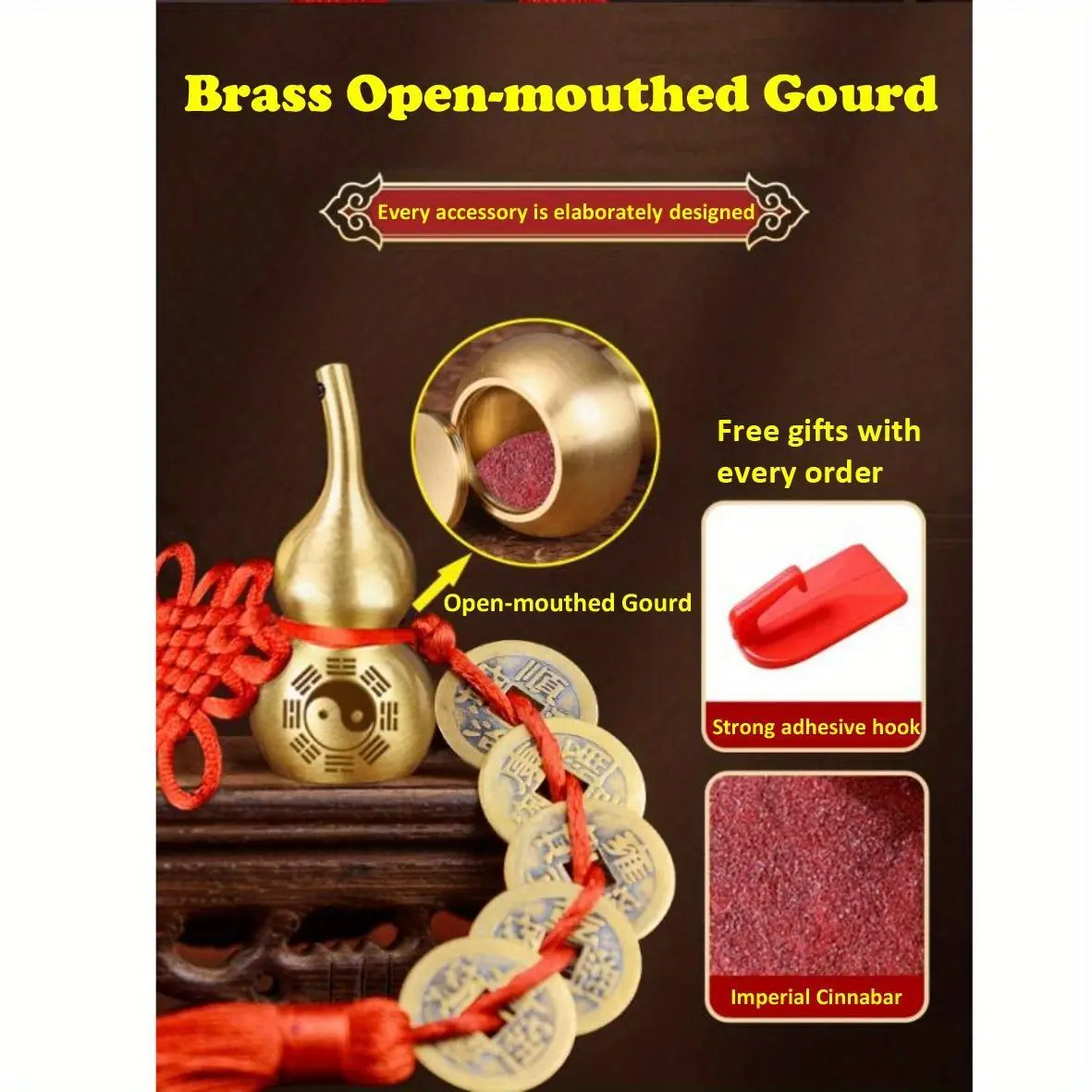Brass Fengshui Decorative Ornament Set - 5-Piece Emperor Coins, Openable Gourd, Ethnic All-Metal Golden Design, Wealth & Protection Amulet, 2 Strong Easy-Install Non-Toxic Adhesive Glueless Hooks, Vermilion Powder, Family & Business Home Decor
