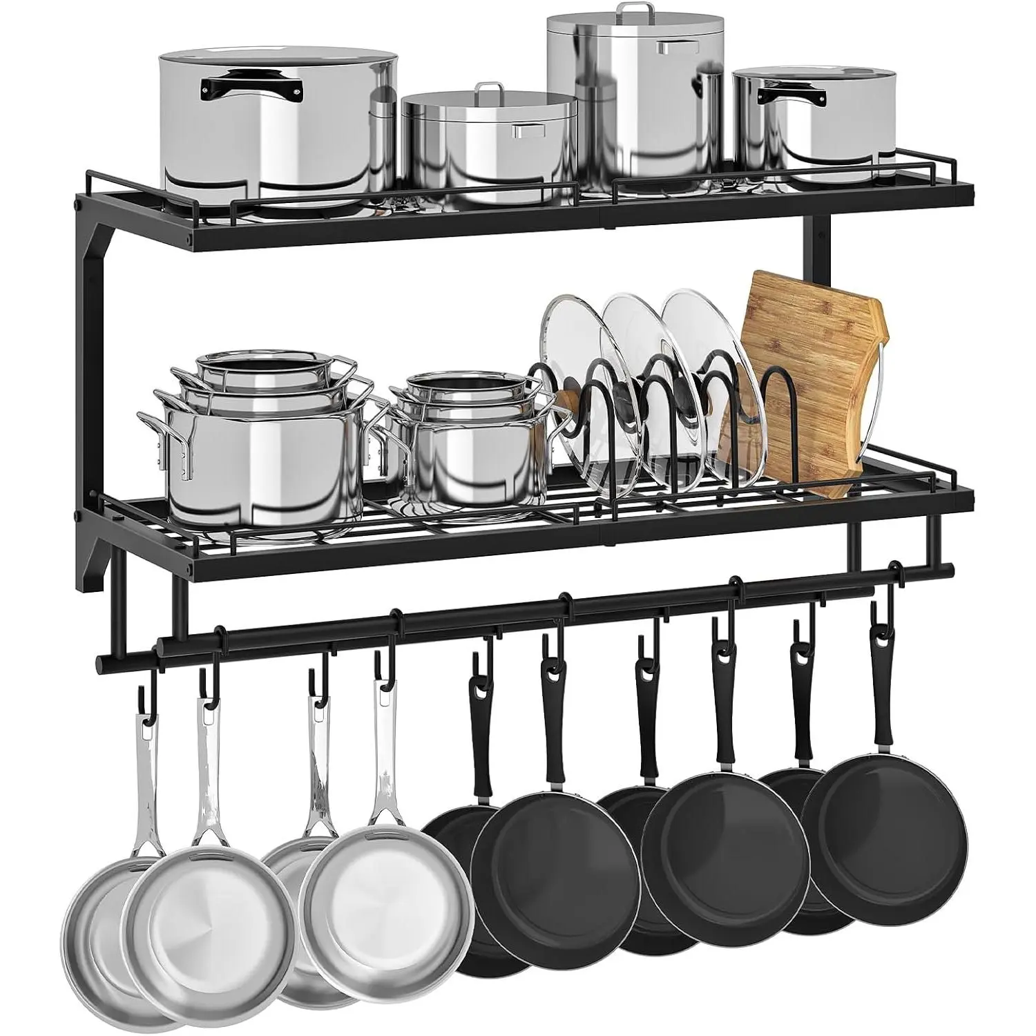 Pot Rack, Wall Mounted Pan Holder, 2-Tier Pot and Pan Organizer, Pot Hanger with 10 S-Shaped Hooks, Cookware Organizer with 5 Removable Metal Wire Dividers, Black TPR35BB