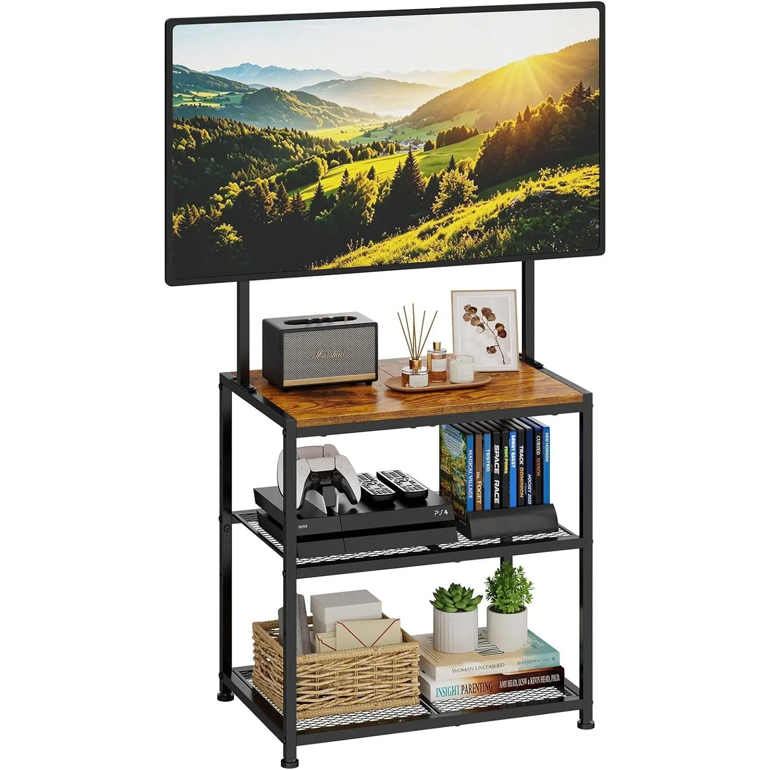 23 Inch to 50 Inch Floor Small Corner TV Stand with Storage Shelves for Living Room Bedroom, Universal Floor Television Stands with Mount, Rustic Brown Corner TV Table Desk Shelf for Small Space