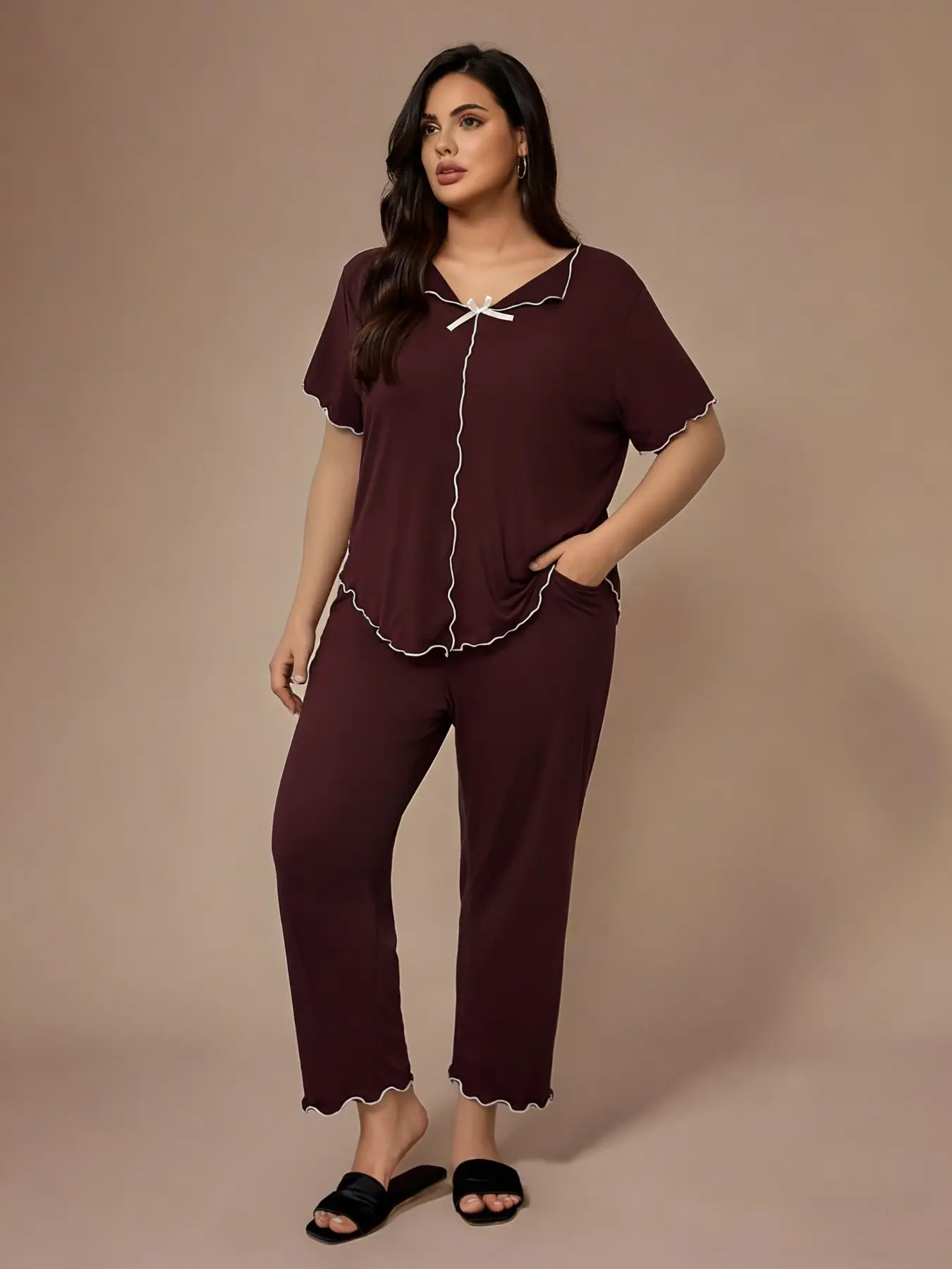 Plus Size Pajama Sets Women Pajama Sets  Plus Size Sleep Lounge Sets Women's Fashionable Wooden Collar Short Sleeve Top + Long Pants Set, Bow Blouse, Pocketed Pants, Spring & Fall Home Wear, Solid Color Pajama Set, Gift For Girl