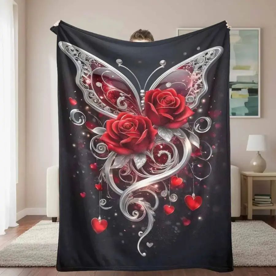 Romantic Butterfly and Rose Throw Blanket, Elegant Heart Pattern Soft Plush Lightweight Bed Blanket for Bedroom Sofa Decor, Anniversary Valentine’s Day Gift
