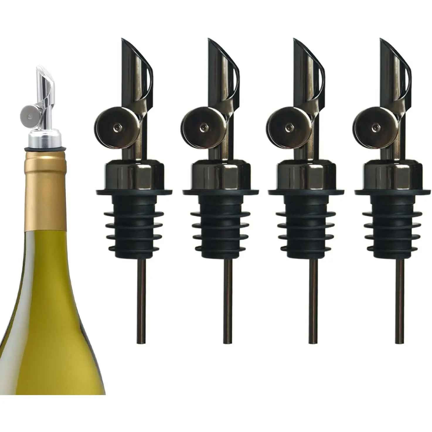 Weighted Stainless Steel  Bottle Pourers: Auto Flip Spouts for  Pouring, Leak-Proof and Dishwasher-Safe (4pcs - Black)