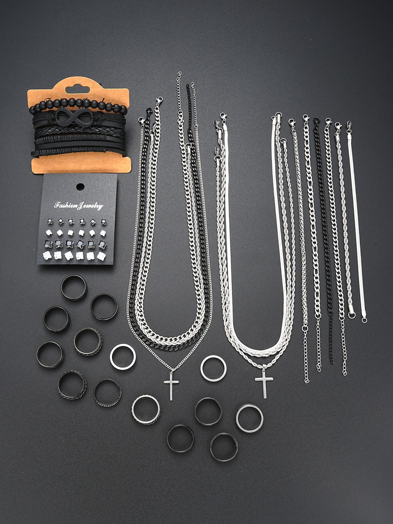 Men's Fashion Jewelry Set, Casual Trendy Cross  Charm Necklace  & Braided Bracelet & Earrings & Rings & Chain Bracelet, Hip Hop Fashion Jewelry Set for Party & Daily Decor