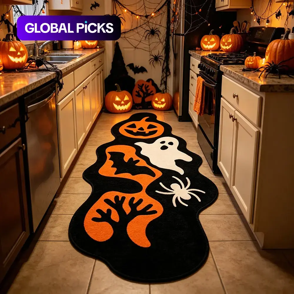 Halloween Spider Bat Irregular Carpet, Ghost Pumpkin Decor, Soft Comfortable Rug for Kitchen, Hallway, Bedroom, Farmhouse Kitchen Rugs, Festival Exclusive, Multi-Scene Use, Soft Area Rug #GLOBAL PICKS