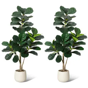 2PCS Realistic Artificial Fiddle Leaf Fig Tree with 48 Leaves in White Planter – Faux Ficus Lyrata, Indoor Decorative Fake Plant for Home, Office, Living Room – Easy Maintenance, Housewarming Gift