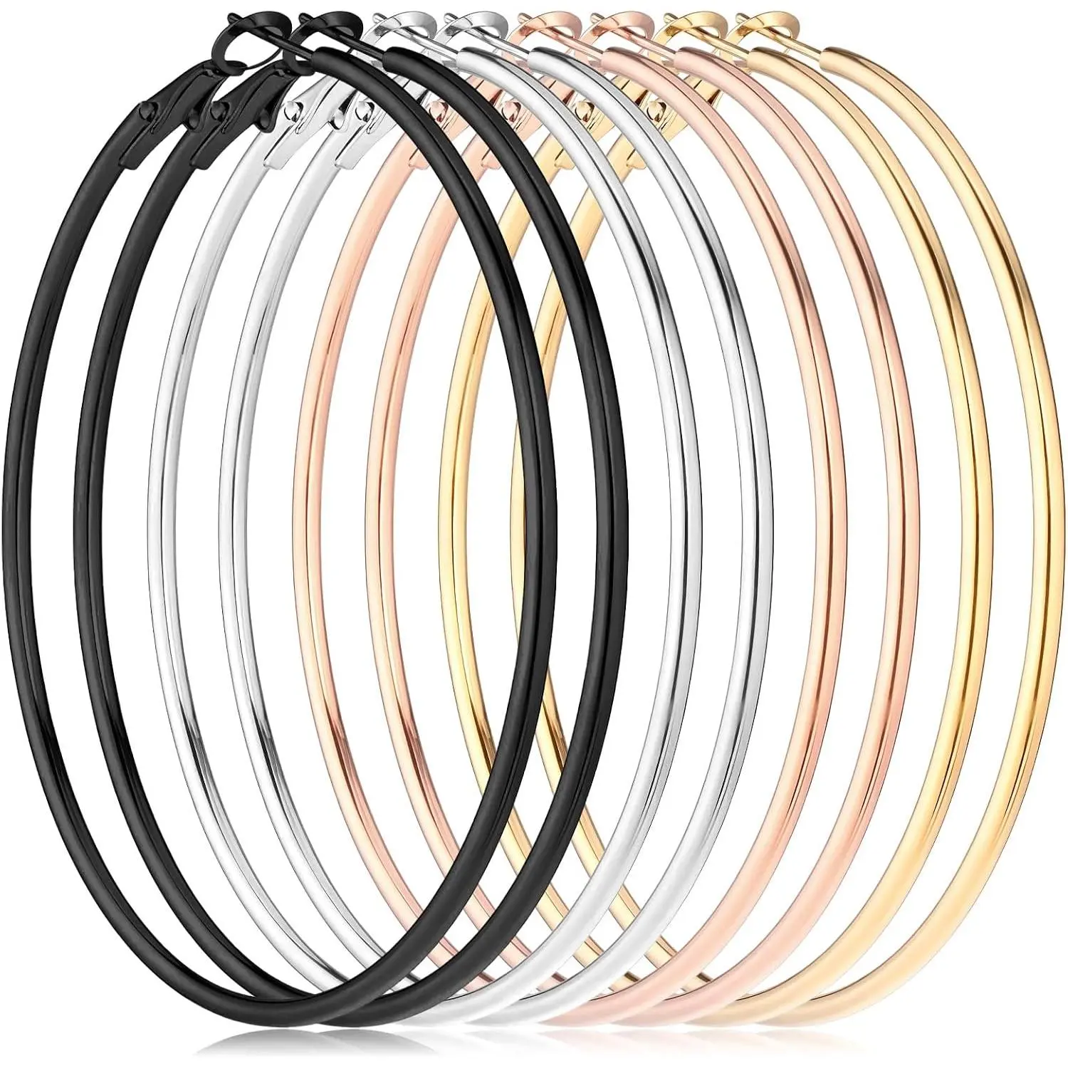 4 count Stainless Steel Hoop Earrings, Large Circle  Hoop Cartilage   Rose  Black Oversize Earrings for Women