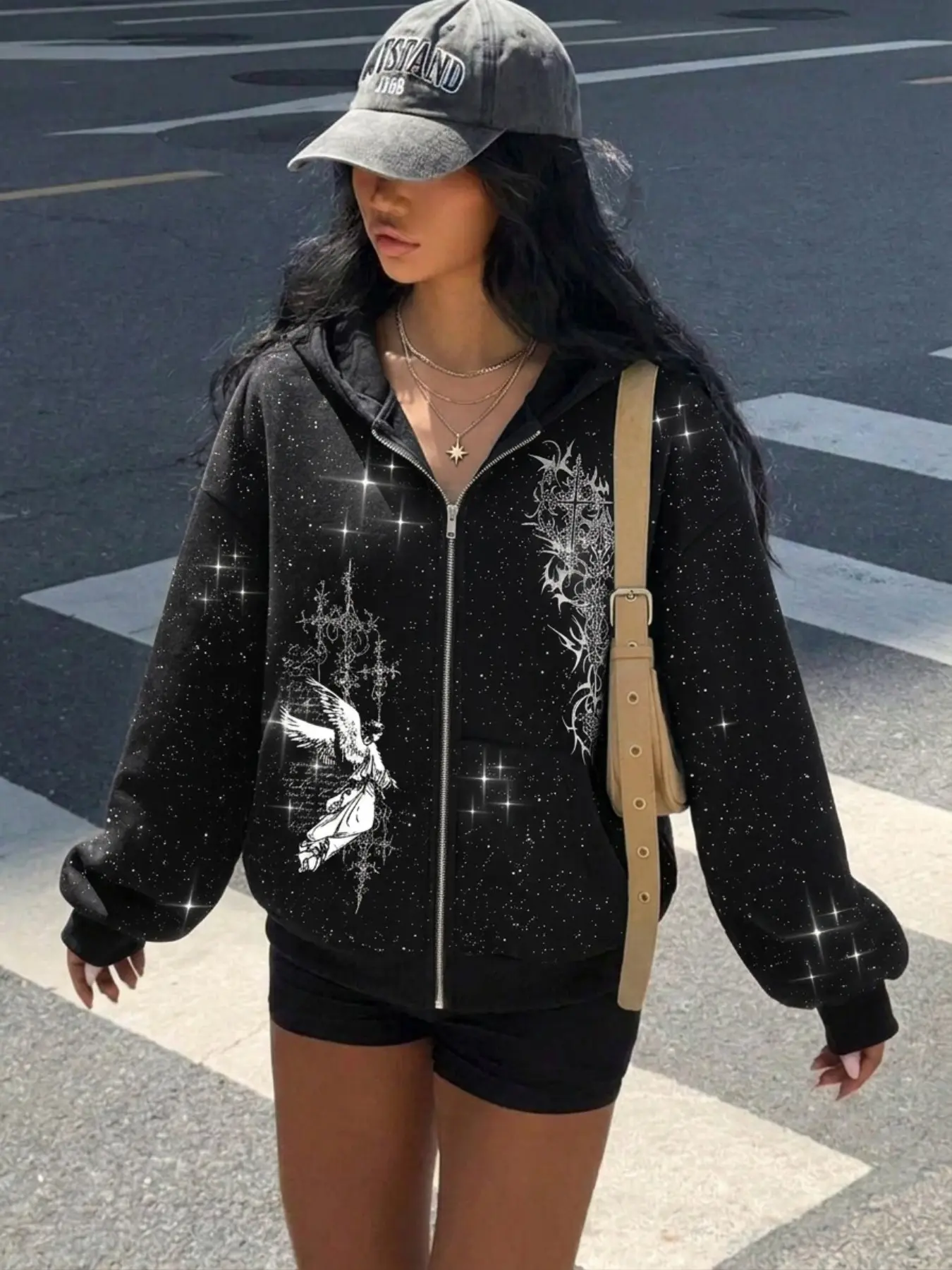 Women's Dark Angel Cross Print Glitter Zipper Hooded Sweatshirt, Subculture Oversize Casual Hoodie, Fall & Winter Fitted Top