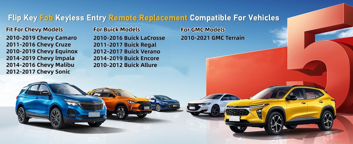 5-Button Flip Key Fob: Keyless Entry Remote Replacement for Chevy Camaro Malibu Sonic Equinox Impala Cruze GMC Terrain Buick Allure Lacrosse Regal Verano Encore, OHT01060512, V2T01060512, 315MHz