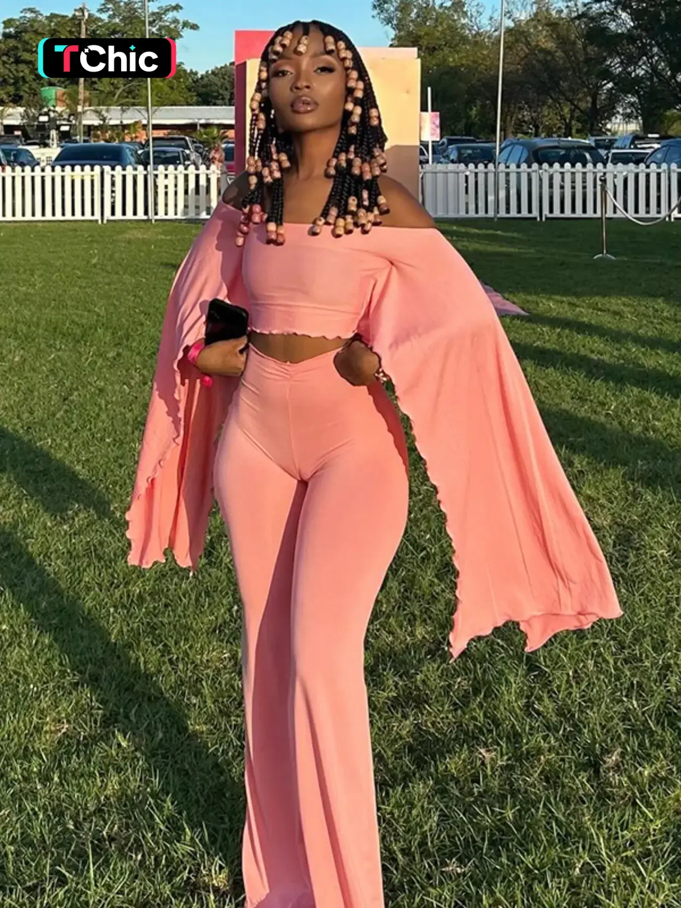 Women's Two-Piece Set, Plain Off  Shoulder Ruffle Long Sleeve Top & High-Waist Flare Pants, Fashionable for Dates and Vacations