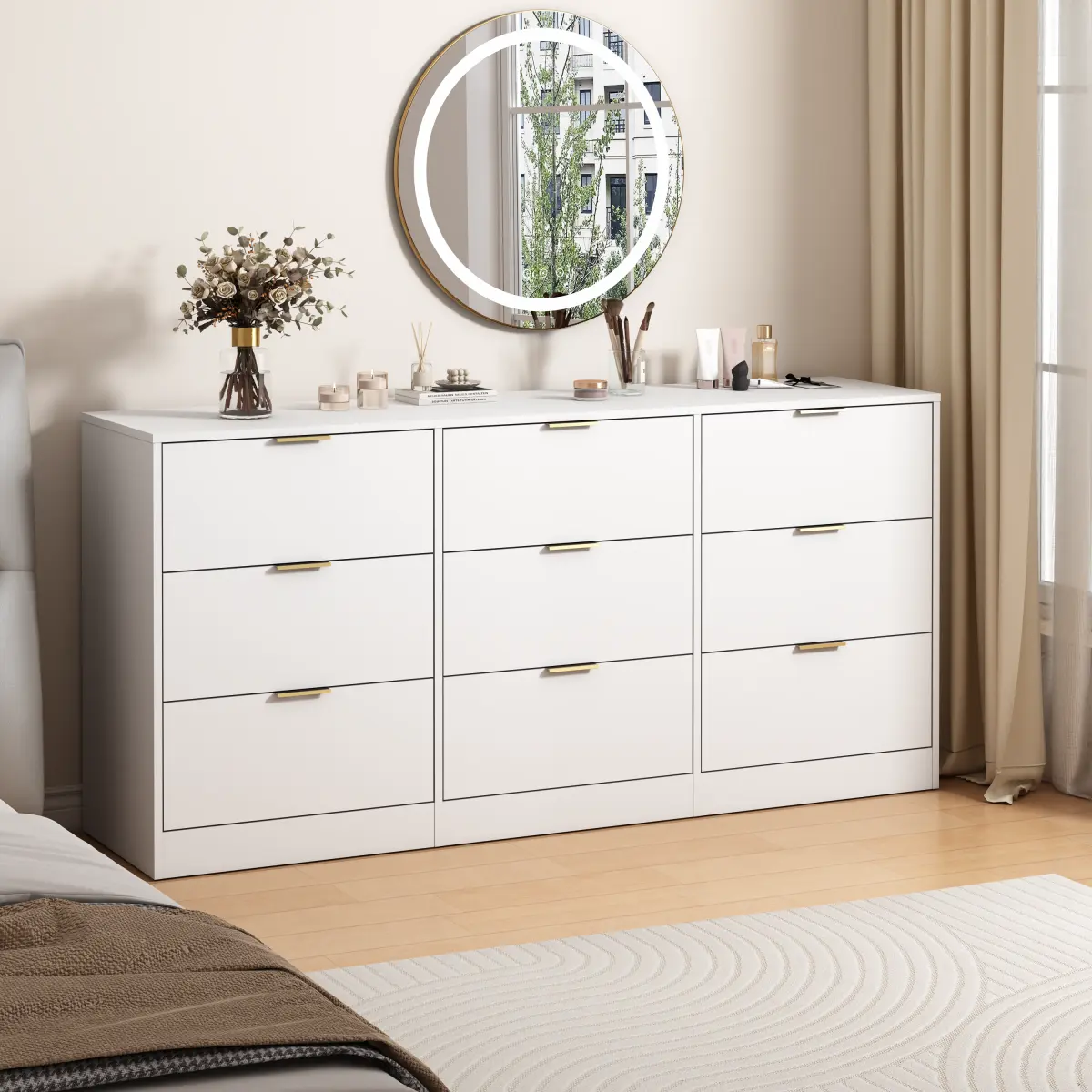 AobtkelWhite 9 Drawer Dresser, 63" Large Deep Chest of Drawers, Wooden Dresser Storage Cabinet with 9 Drawers for Bedroom, Long Dressers for Living Room, Hallway