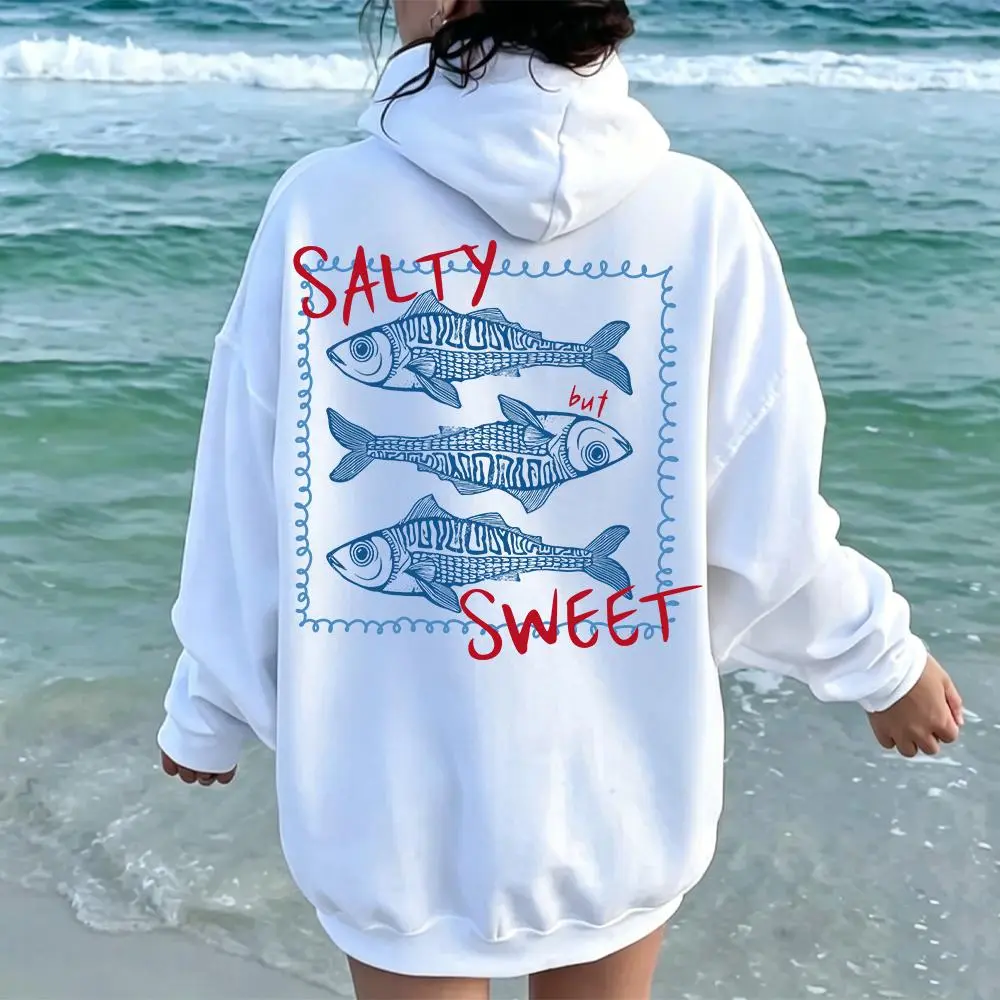 Funny Salty But Sweet Fish Graphic Cotton Hoodie Sand Oversized Sweatshirt With Pocket Preppy Coastal Cowgirl Summer Night Hooded Top