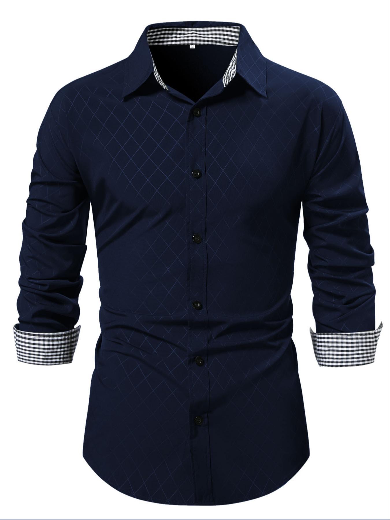 Men's Business Casual Colorblock Plaid Long Sleeve Shirt, Stylish Office Wear, Comfortable Cotton Fabric, Perfect for Daily Use