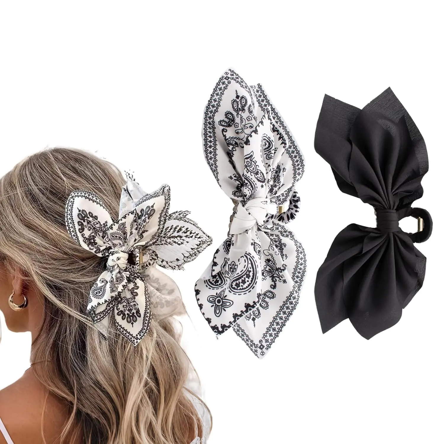 Bow Claw Clips Bow Hair Clips Black White Paisley 2PCS Big Hair Bows for Women Butterfly Styling Large Hair Clips for Thick Hair for Girls Hair Accessories for Teen Gifts for Ladies