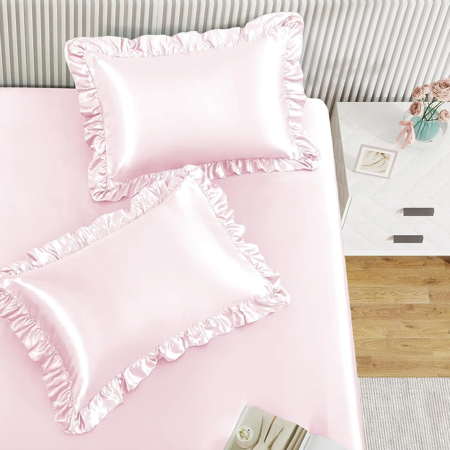 Pink Twin Ruffle Pillowcase & Fitted Sheet Set 2Pcs| Protects Hair And Skin, 15-Inch Deep, Pearlescent Rosy Glow, Easy Machine Wash Care