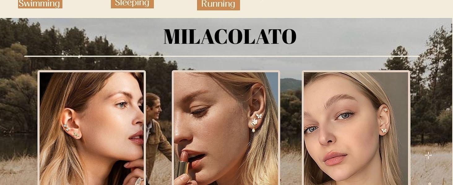 MILACOLATO 16 Gauge Cartilage Earrings Helix Earrings for Women Stainless Steel Helix Piercing Jewelry Leaf Butterfly CZ Studs Flat Back Cartilage Earrings Set 9Pcs