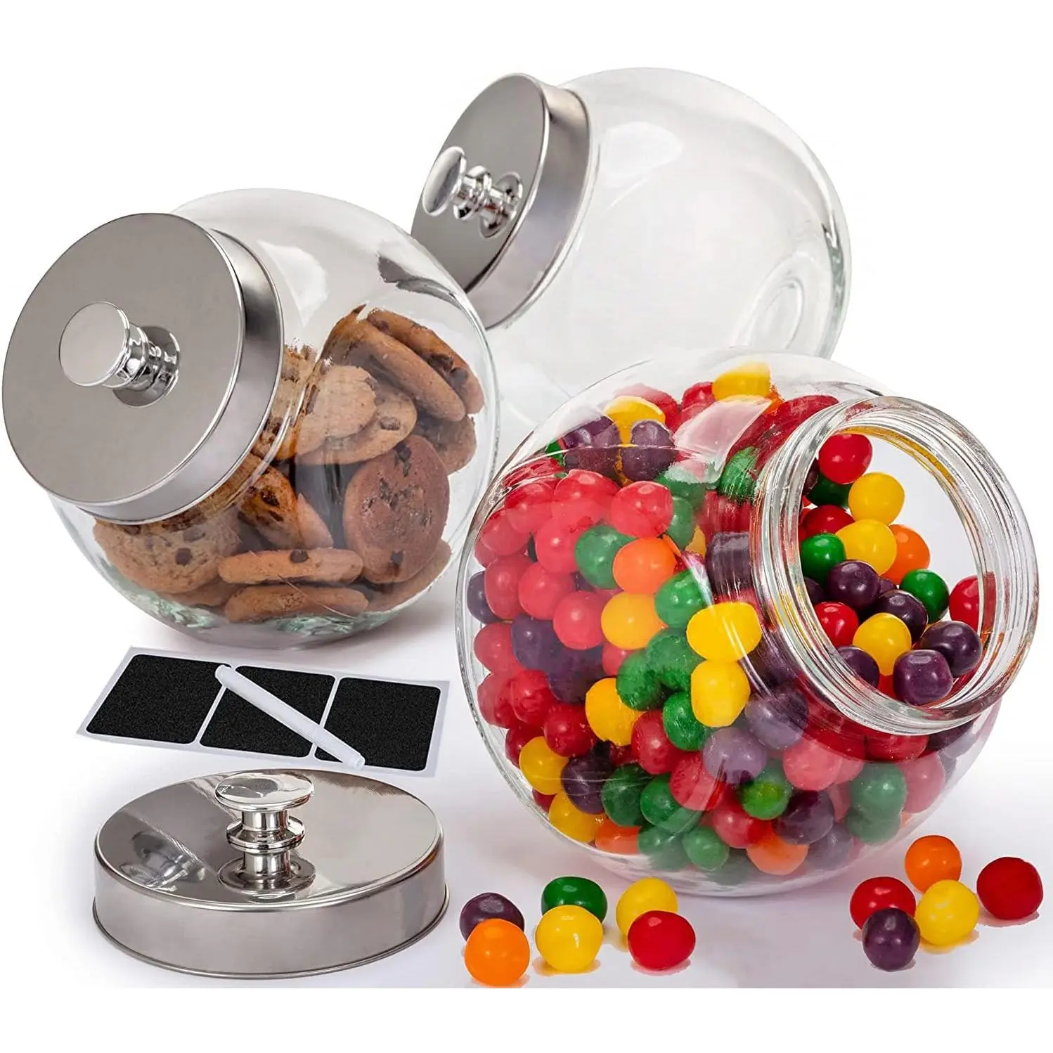 Glass Cookie Jars for Kitchen Counter (3 Pack) 75oz  Storage Canisters with Airtight  + Marker & Labels,  & Penny Jar for Candy Buffet, Coffee, Laundry Detergent Holder