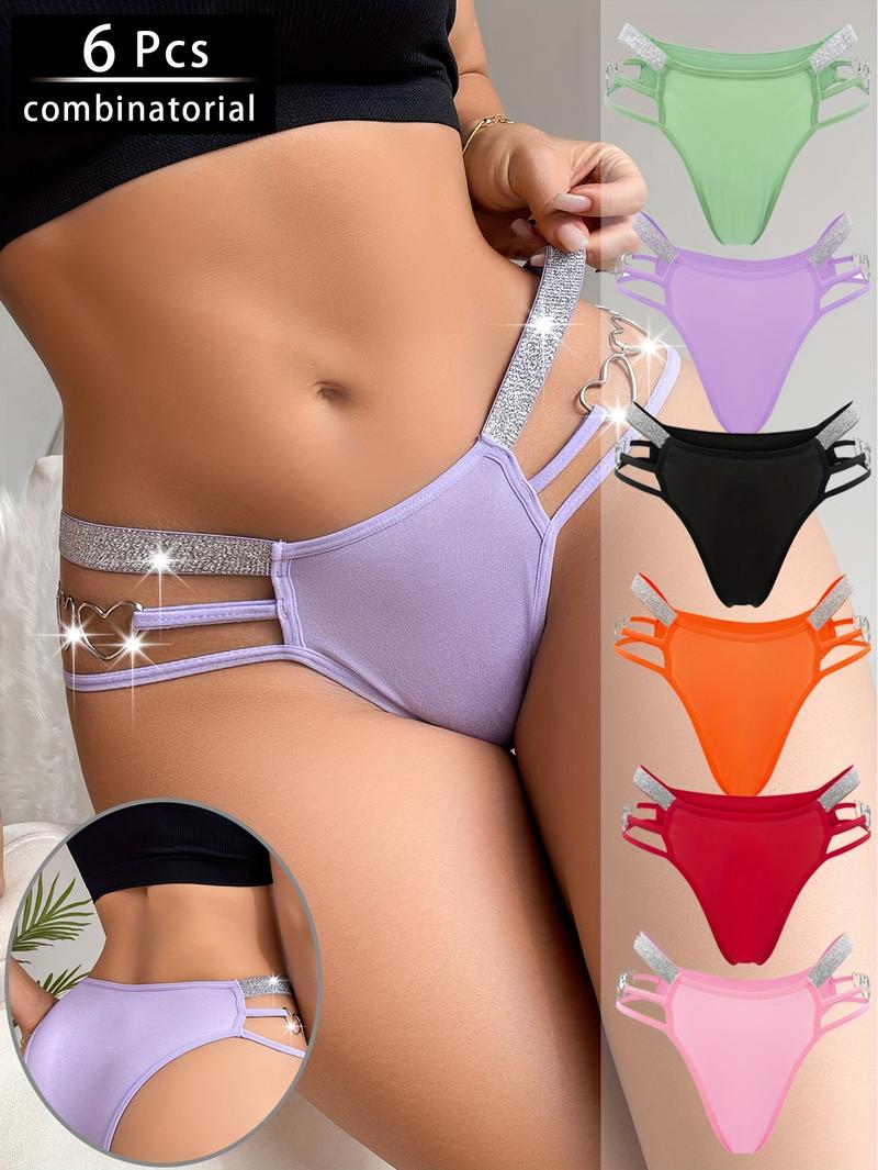 6 Pack Women's Sexy Heart-Shaped Chain Bikini Panties - Mixed Colors, Fashionable Soft Breathable Nylon Blend, Mature Elegant Low-Waist Design, Suitable for Parties and Romantic Dates Swim Knicker