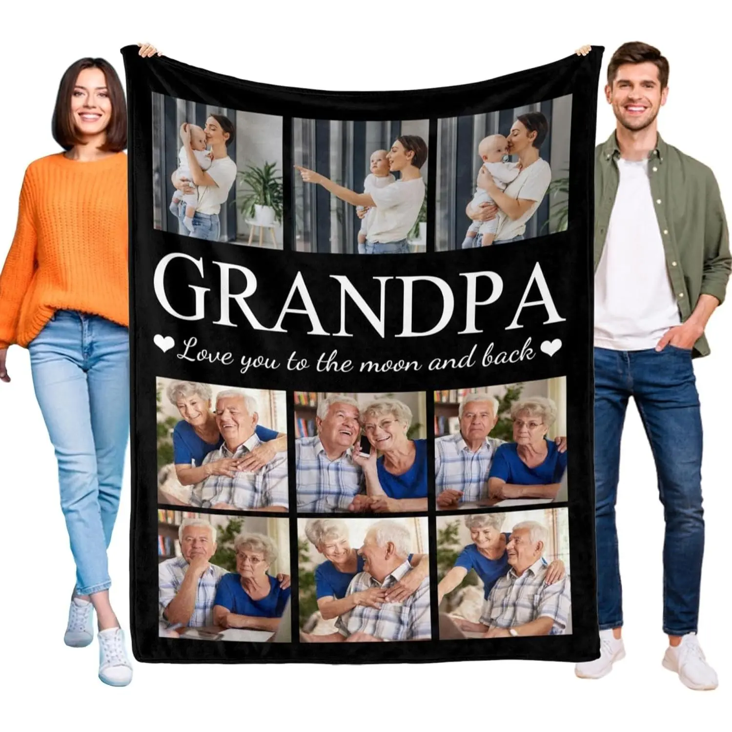 Custom Grandpa Photo Flannel Throw Blanket, Black 3x3 Collage Blanket with "GRANDPA" Serif Text & Love You to the Moon and Back Design, Soft Cozy Warm Blanket for Father’s Day, Birthday & Family Memory Gift