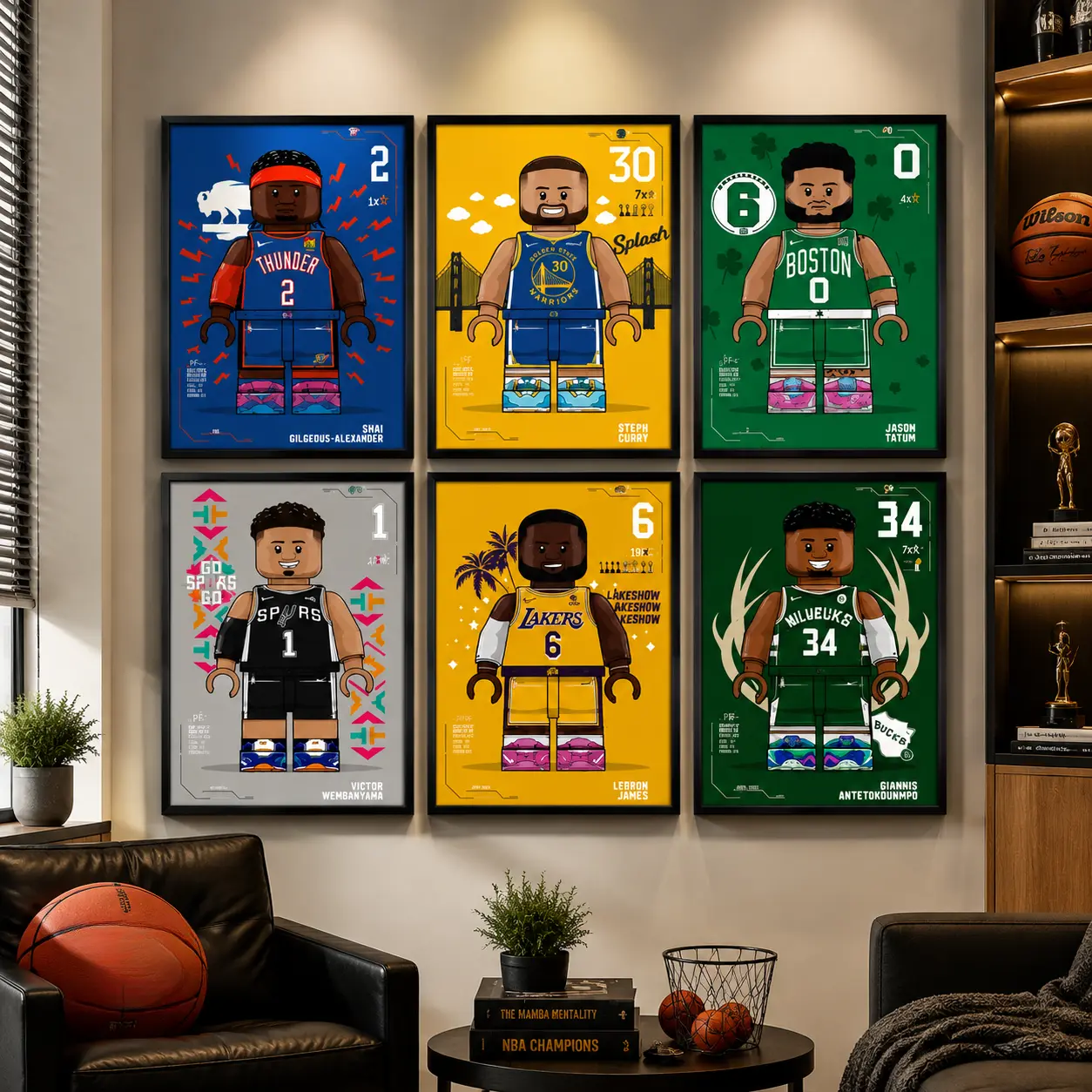 Basketball Cartoon Canvas Wall Art |   Building Block Style Sports Poster Print, Modern Decor for Bedroom, Gaming Room & Man Cave